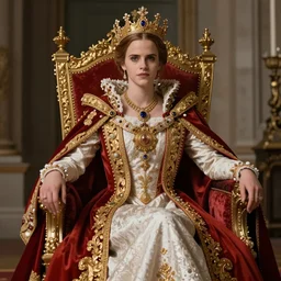 model Emma Watson sitting on queens throne royalty wearing royal mantle gold jewelry by moebius and atey ghailan by james gurney by vermeer by George Stubbs trending on artstation
