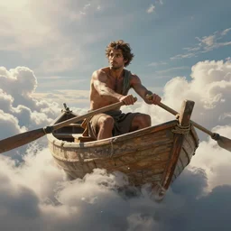 an intricate concept art of an a man rowing on his boat in the clouds, low - angle shot, hyper detail, artstation, cgsociety, photo - realistic, style by ivan talavera and artgerm, octane render