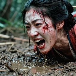 1 9 7 0 s movie still close - up of a bloody white japanese female ghost yelling mouth in the mouth going out of mud puddle, big teeth, swamp backround, cinestill 8 0 0 t 3 5 mm eastmancolor, heavy grain, high quality, noir, natural textures, photorealistic, ambient occlusion, hd, ultra wide lens, anamorphic, fade color