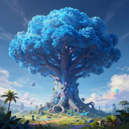 giant azure tree on a paradise planet, in the distance, magical, concept art, digital art, colorful, divine, massive scale