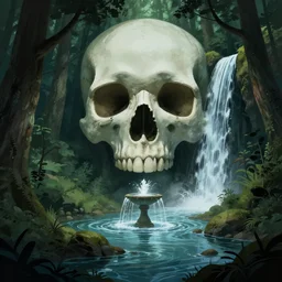 illustration, forest, huge skull head, waterfall, fountain, darkness, light, river, fantasy