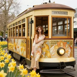 beautiful young woman on holiday in christchurch new zealand tram painted by alphonse mucha cashel mall hagley park daffodils high quality 8 k render digital fantasy art beautiful stunning. gondola. warm tone. tourism intricate. ornate. wonderful. utopia.
