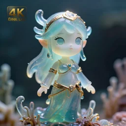 cartoon female guardian of the deep sea. translucent resin sculpture, backlighting, depth of field, 4 k, metallic details