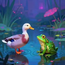 a duck and a frog having a fight in a pond, painterly, neon colors, cyberpunk, cinamatic, diffused light, simon stalenhag,