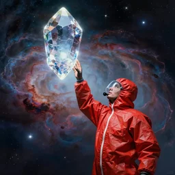 scientist wearing a red hazmat suits reaching towards a giant crystal hovering above with a nebula sky background by frank frazetta