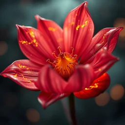 close up, hyper realistic flower with fire texture on the petals, beaultiful background, bokeh, illustrated by greg rutkowski, beautiful volumetric lighting, intricate, ultra detailed, photorealistic, trending on artstation, octane render, 8 k