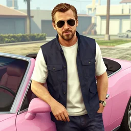 gta v covert art by stephen bliss of ryan gosling wearing aviator sunglesses near a pink convertible car