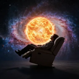 a person floating out of their recliner chair, dramatic galaxy background scene, stars planets suns