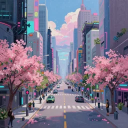 a painting of a city street with pink flowers, cyberpunk art by wadim kashin, cgsociety, panfuturism, cityscape, dystopian art, anime aesthetic