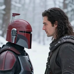 a mandalorian with a red and grey helmet facing a long dark haired man, from side view close up, in a snowy forest setting, hard edges concept art, highly detailed, great cinematic lighting, 8 k, depth of field, 3 d, art by greg rutkowski, trending on artstation, cinematographic shot