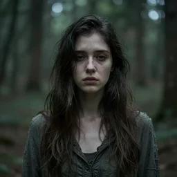 portrait ~ woman ~ in a forest. sad | lost | mysterious. intricate details ; sharp focus. art by wlop : trending on artstation deviantart