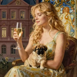 blonde with glass of champagne in her hand and puppy on her lap. bordeaux background. art by mucha and hingre