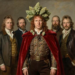 stoner King Tommy Chong wears a doublet whilst wearing a red velvet cape and marijuana flower calyx trichome crown edward julius detmold jehan choo jeff simpson arkhip kuindzhi raphael lacoste guillem h. pongiluppi grisaille