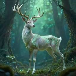 beautiful elven celestial stag. beautiful highly detailed forest background. green and blue light. accurate, sci - fi concept art, intricate, elegant, trending on art station 8 k rendering.