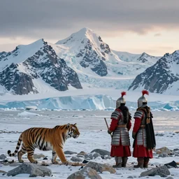 a photo - realistic arctic landscape in wide angle, majestic snow - topped mountains in the background, a tiger and an indian warrior woman ( intricate armor in earthern red ) in the foreground, predominantly colors, wide angle, 1 8 mm, depth of field, early morning light, moody, atmospheric, 8 k, national geographic