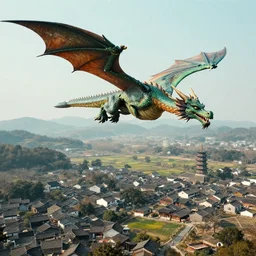 dragon flying over village