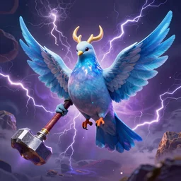 A electric blue dove as Thunder God with lots of thunders and Thor's hammer . Colourful. High detail. Unreal 5. God