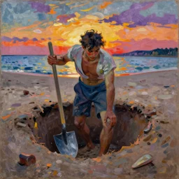 a fauvist painting of a man deep in a hole on the beach, with a shovel, after sunset,