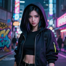 cyberpunk anime girl in hoodie, realistic face, beautiful face, grafity, neonpunk, alita, arcane, action, tokyo street, detail, good face, pose model, concept art, in style of yoji shinkawa, pan ren wei, col price, atey ghailan, by greg rutkowski, aesthetic