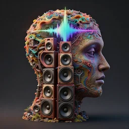a highly detailed landscape of recursive speakers forming a 3 d head. 🔊 head. amplitude and frequency wave visualisation. rainbow xenomorphic. ornate, hyperrealistic, octane render, chiaroscuro, inspired by greg rutkowski, android jones, beeple, shaun tan, frostbite 3 rendered