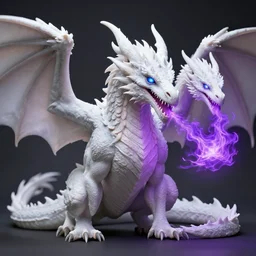 a three headed white dragon with piercing blue eyes that breathes purple fire, ultra realistic