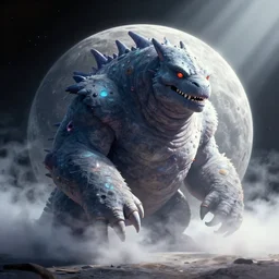 a beautiful artwork illustration, concept art sketch of a gigantic monster on the moon, volumetric fog, godrays, high contrast, vibrant colors, vivid colors, high saturation, by Greg Rutkowski and Jesper Ejsing and Raymond Swanland and alena aenami, featured on artstation, narrow angle, vertical orientation