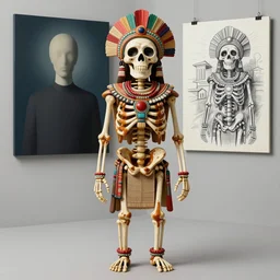 Barry Chuckle, emperor of gravy skeletons. Neo-Andean architecture by Freddy Mamani. Painting by René Magritte, 3D rendering by Beeple, sketch by R. Crumb