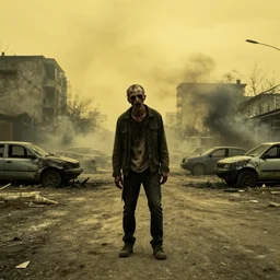an alone zombie in a desolated city, dystopian, yellow tint, black smoke, turned over cars, hd photo, high resolution