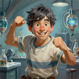 An epic fantasy comic book style portrait painting of a man in a laboratory, very expressive, really short dark gray hairs,  round face, wearing a shirt with horizontal stripes, awesome pose, character design by Mark Ryden and Pixar and Hayao Miyazaki, unreal 5, DAZ, hyperrealistic, octane render, cosplay, RPG portrait, dynamic lighting, intricate detail, summer vibrancy, cinematic