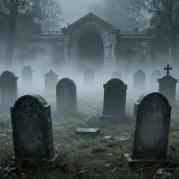 an endless eerie graveyard with ancient tombstones, misty, strands of fog, catacomb in background, frame is flanked by dark trees, creepy, night, finely detailed black and white pencil drawing