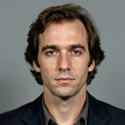 A mugshot portrait of a man who looks like Jerma985 with a receding hairline and short mid-length wavy hair, wearing mid-1980s menswear in the late 1980s, taken in the late 1980s, grainy, realistic, hyperrealistic, very realistic, highly detailed, very detailed, extremely detailed, detailed, trending on artstation, front facing, front view, headshot and bodyshot, detailed face, very detailed face
