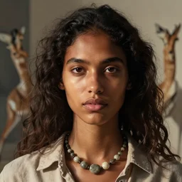 detailed portrait in femininity, realistic face sculpted features, ethnic, exotic, melanin, deep clear eyes, statuesque, gazelle, warm glowing skin, wild hair, collared shirt, stone necklace, chiaroscuro, tangible, angular impressionism, ambient morning light, arabesque backdrop, contemporary, modern fashion, natural colors