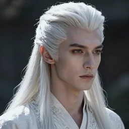 a portrait of a male drow elf with long white hair, pale gray skin, hair tied back, buzzed hair on temple, young adult, defined cheek bones, serious, noble, style by donato giancola, wayne reynolds, jeff easley dramatic light, high detail, cinematic lighting, artstation, dungeons and dragons