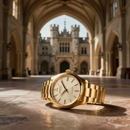 macro shot of a golden wristwatch sitting on a table in the hall of a great castle