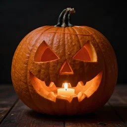 a jack o'lantern, carved in the likeness of a skull, lit by candle from within, hyperreal, horror, atmospheric - h 6 4 0,