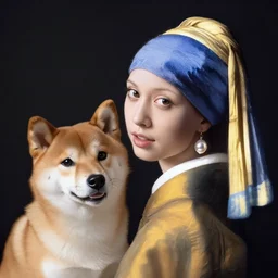 girl with a pearl earring but as a shiba inu dog, ultra realistic, very detailed