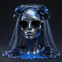 a head made out of melting metal, dark palette, it is wearing sunglasses and and a veil, there are flowers all around it, blue paint melting, vogue cover style, demonic style, smooth fractal style, ethereal fantasy style, 3 d perfect render style, horror style, corpse bride style, 3 d perfect render style