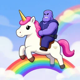 thanos riding a unicorn on top of a rainbow, digital art, trending on artstation, cute