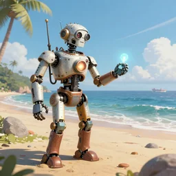 steampunk robot parts literring a beautiful beach, digital illustration, high quality, 4k, trending on artstation, wide
