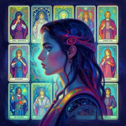 side portrait, imogen poots, paladin, gloomhaven, organic painting, hard edges, psychedelic, neon, art nouveau, tarot card layout, luminescent, octane render, by greg manchess, huang guangjian, gil elvgren, sachin teng, greg rutkowski, jesper ejsing, rhads, ilya kuvshinov