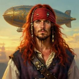 portrait painting of a handsome rugged long hair crimson hair male pirate, soft hair steampunk ornate zeppelin in the sky sunset golden hour art by raphael lacoste and stephan martiniere greg rutkowski gaston bussiere fantasy soft hair trending on artstation deviantart book cover art concept art key art dramatic volumetric lighting, 4 k, award winning