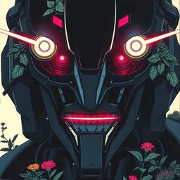 risograph grainy painting of gigantic huge evangelion - like gundam mech face, black colors, with huge earrings and glasses with a lot of details and lasers, covered with plants, hyper light drifter scene by moebius and dirk dzimirsky and satisho kon, close - up wide portrait