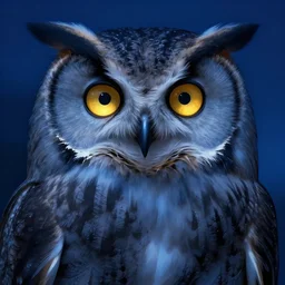 concept art, album cover art, bright golden eyes in the night, blue night lighting, sharp focus, illustration, highly detailed, symmetrical, artstation, portrait of a gray owl, cgsociety, alphonse mucha, cinematic lighting, art by greg rutkowski, digital painting