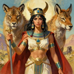 portrait of a beautiful rendition of the mythical anat, western semitic goddess of war and wild animals, illustration, artistic, colorful, hyper detailed, in the style of greg rutkowski,