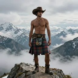 a homoerotic portrait by greg rutkowski and albert bierstadt and bill ward of a shirtless brown desi hiker on a mountain peak | he is wearing a revealing tartan kilt, cowboy hat, and leather boots | background is snowy mountains and clouds | highly detailed face | ethereal, dreamlike | trending on artstation