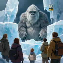 a group of tourists discover a shy yeti behind blocks of ice, concept art, digital painting, trending on artstation, deviantart, highly detailed, perfect composition, dramatic lighting, sharp focus, 8 k uhd