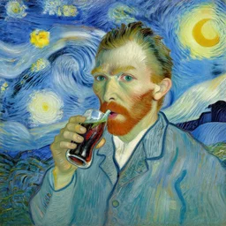 oil on canvas of portrait, vincent van gogh drinking cola alone, in the stary night style, surprised, detailed