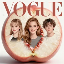 vogue magazine, elle magazine, giant peach fruit half, anime korean emma watson ilya kuvshinov, greg rutkowski, john singer sargent, anime, trending on artstation, intricate, crop top