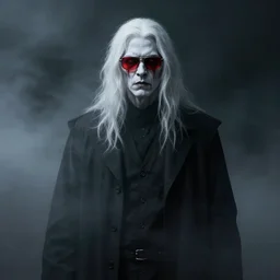 tall man with white skin, white hair, wearing red tainted glasses, horror, art by David Romero, dramatic, misty fog, dark