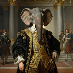 neoclassical portrait of a prince in his elephant mask in his temple, by jacques - louis david, by greg rutkowski, by zdzisław beksinski, by josep tapiro baro, trending on artstation, featured on pixiv, masterpiece, oil on canvas, cinematic composition, dynamic beautiful lighting,